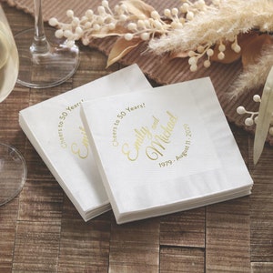 Personalized 50th Anniversary Napkins, Foil Stamped Cocktail Beverage Luncheon Napkins