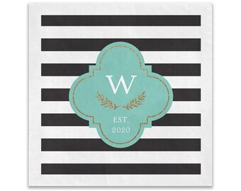 Black And White Stripes Wedding Reception Monogram Napkins | Custom Monogrammed Paper Beverage Napkins