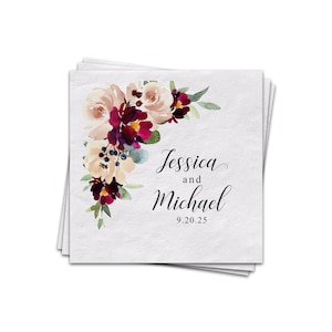 Personalized Wedding Cocktail Napkins, Floral Corner, Luncheon Napkins Also Available