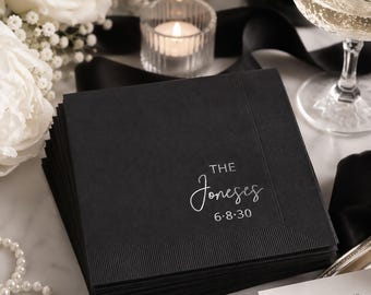 Black Wedding Napkins Personalized Cocktail or Luncheon Napkins, Imprint Foil Last Name Date, Custom Reception Napkins