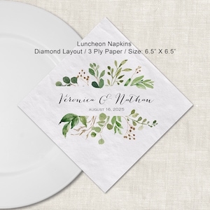 Wedding Greenery Beverage Napkin Cocktail Napkins Personalized Paper Napkins, Watercolor Greenery 3 Ply Napkins Luncheon Diamond