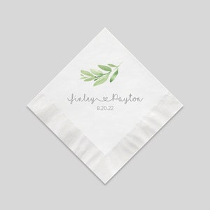 Personalized Greenery Wedding Cocktail Napkins, 3 Ply White Beverage Napkins For Your Party, Luncheon Napkins also Available