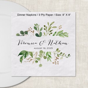 Wedding Greenery Beverage Napkin Cocktail Napkins Personalized Paper Napkins, Watercolor Greenery 3 Ply Napkins Dinner Square