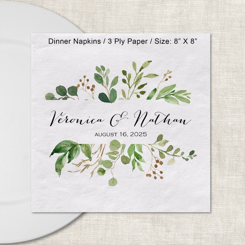 Wedding Greenery Beverage Napkin Cocktail Napkins Personalized Paper Napkins, Watercolor Greenery 3 Ply Napkins Dinner Square