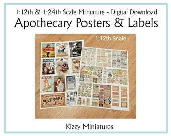 Vintage Theme Apothecary Posters and Labels for dollshouse miniature projects Digital Download, Printable in 12th and 24th Scales