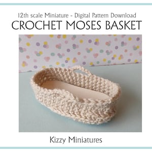 May include: A crocheted Moses basket in a cream color, with a handle on one end. The basket is sitting on a light blue surface with a background of pastel colored polka dots.