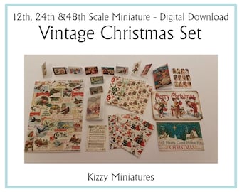 Puede incluir: Un conjunto de papel imprimible de temática navideña vintage para miniaturas de casas de muñecas. El conjunto incluye varios diseños con imágenes de pájaros, árboles de Navidad y saludos. El papel es adecuado para casas de muñecas a escala 1/12, 1/24 y 1/48.