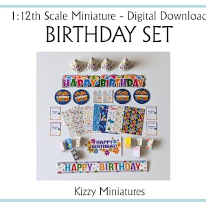 1: 12 Geburtstag Party-Set Puppenhaus Miniatur Digital Download, Printable für Puppenhaus Kinderzimmer