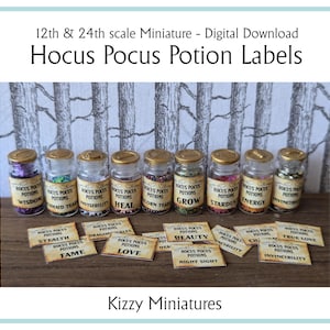 May include: A set of printable labels for miniature potion bottles. The labels feature a variety of magical potion names, such as "Wisdom", "Invisibility", "Heal", "Grow", "Stardust", "Energy", and "Invincibility".