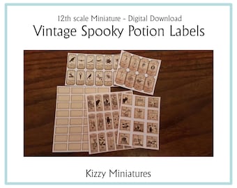 May include: A set of printable 12th scale miniature labels for potion bottles. The labels feature vintage-style illustrations of spooky creatures and plants. The text "Vintage Spooky Potion Labels" is printed at the top of the image.