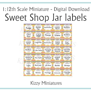1:12 35 Sweet Shop Jar Etiketten Puppenhaus Miniatur Digital Download, Printable für Shop Sweetshop Candy