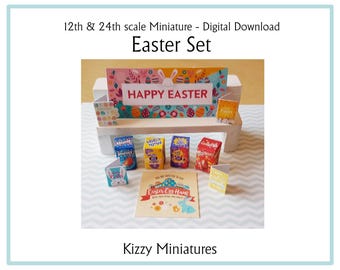 May include: A miniature Easter set for dollhouses, featuring a bench with a sign that says "Happy Easter", four boxes of chocolate eggs, and a sign that says "You are invited to our Easter Egg Hunt".