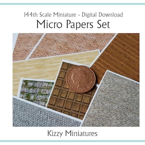 May include: A set of 1/144 scale miniature papers for model building. The set includes various textures, such as brick, wood, and stone. The papers are shown with a British penny for scale.
