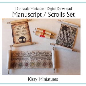 May include: A set of three 12th scale miniature scrolls for dollhouses or miniature scenes. The scrolls are made of paper and have a variety of designs, including a tree of life, a map, and a text.