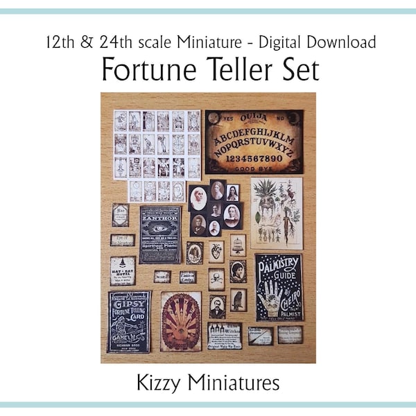 12th and 24th Scale Fortune Teller Set dollshouse miniature Digital Download, Printable spooky witch wizard