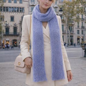 Lilac Soft Wool Long Scarf, Knit Wrap with Crochet Shell Edges, Handmade Feminine Winter Scarf