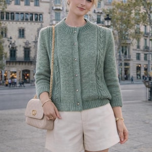Knitted green Cardigan, Soft Wool Buttoned jacket, Trendy knitted Sweater with Buttons for Woman, green cozy knitwear clothing