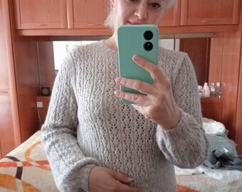 Hand Knit Alpaca Sweater, Fine Wool Knit Jumper, Hand Knit Oversize Pullover Sweater, Knitted beige alpaca trendy sweater lace clothing