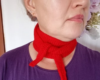 Red small wool neck scarf kerchief, Merino Sophie scarf, Soft scarf handmade, Knitted little neck scarf, small red neck warmer office style
