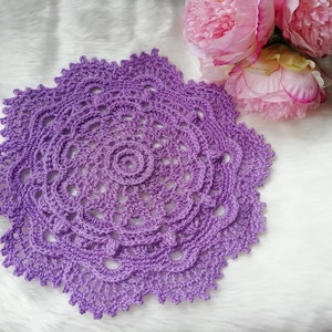 Crochet doily place mat coaster, lace cotton lilac decorative centerpiece, vintage style mandala flower
