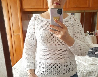 Knitted white cotton jumper, hand knit sweater, cotton linen jumper, hand knit cotton sweater, white linen jumper, handmade spring clothing