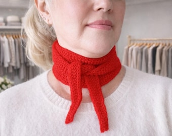 Red Merino Wool knit Sophie Scarf, Small Knitted Scarf, Knitted Neck office Scarf, Small Skinny Neckerchief