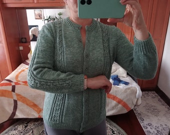 Knitted green Cardigan, WOOL Cardigan, Hand knit jacket, Trendy Handknitted Sweater with Buttons for Woman, green cozy knitwear clothing