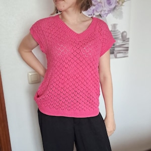 Knitted cotton vest top, knitted tee, hand knitted top, cotton knitted tank, hand knitted cotton hot pink vest, V-neck woman clothing