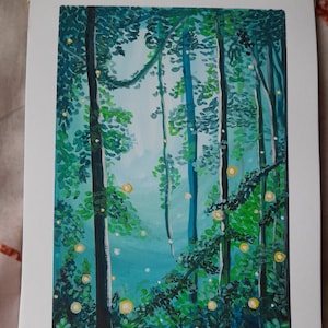 Origineel gouache schilderij mystiek bos, diep bos gouache verf, kunst aan de muur hand geschilderd, handgemaakte wand decor, huis muur hangen, home decor
