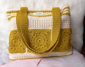 Granny Square Bag, Crochet bag, Crochet Purse, crochet tote bag, Boho Bag, Vintage bag, Hippie cotton handbag, crochet grannie beige bag