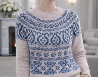 Elegant icelandic circular yoke sweater Lopapeysa, Norwegian Sweater, Handmade Wool Sweater, Fair Isle Hand knit colorwork sweater.