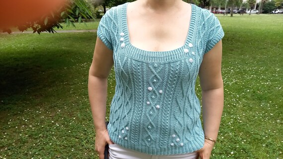 Buy Knit Cotton Vest Top, Hand Knit Tshirt, Handmade Embroidered 