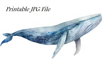 Printable watercolor art JPG File, ocean whale printable home wall decor, whale digital print, digital download, watercolor art