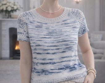 Knitted white blue tshirt, hand knit cotton short sleeve top, knit tee, handknit braided blouse, knitted white cotton top, summer clothing