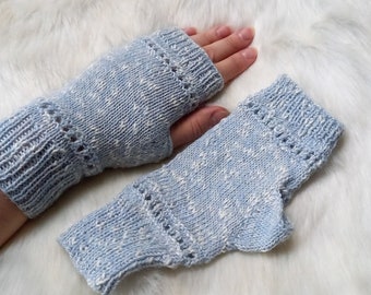 knit fingerless gloves, wrist warmers, warm fingerless gloves, knit cotton fingerless gloves, arm warmers knit, light blue handknit mittens