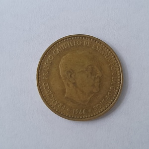 1 PTAS 1966 Francisco Franco Caudillo of Spain by G. de Diós, Coin 1 peseta of Spain of 1966, vintage coin, spanish coin 1966