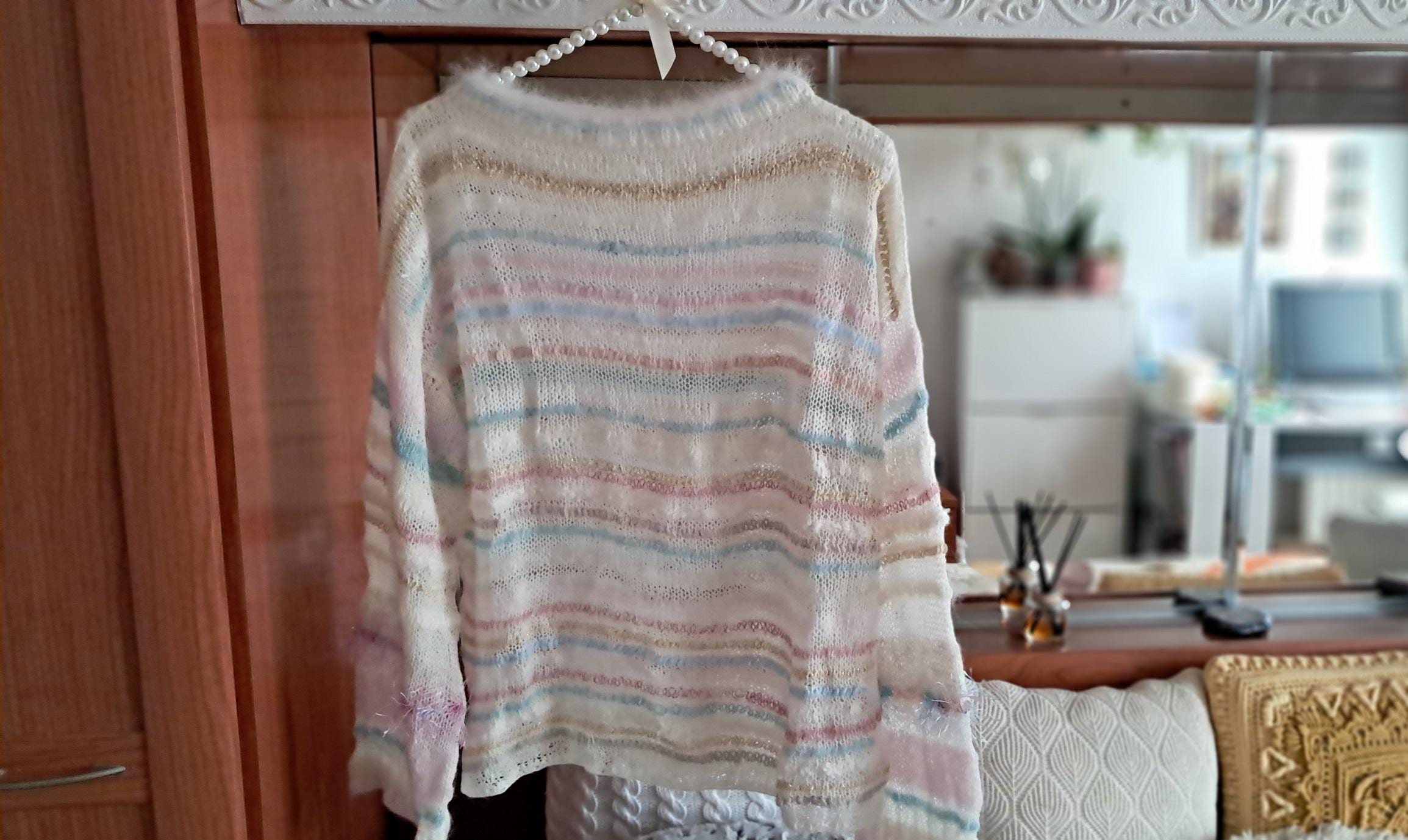 Knit Alpaca Wool Mohair White Stripe Sweater, Fine Wool Textured Sweater, Oversize knitted Jumper long sleeve, soft merino wool blue jumper