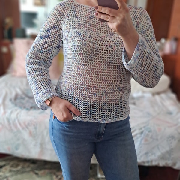 Pull au crochet en maille colorée, pull en maille, pull brillant résille, haut coloré en maille au crochet, haut d’été en coton à manches longues en maille multicolore