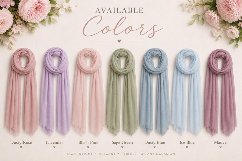 Puede incluir: Siete bufandas rectangulares dispuestas en fila, cada una en un color s&oacute;lido diferente: rosa polvoriento, lavanda, rosa rubor, verde salvia, azul polvoriento, azul hielo y malva. El texto "AVAILABLE Colors" aparece arriba con los nombres.