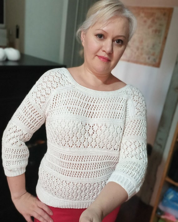 Buy Knitted White Cotton Jumper, Hand Knit Sweater, Cotton Linen 