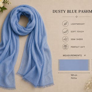 Dusty Blue Pashmina Scarf, Dusty Blue Wedding Guest Wrap, Lightweight Bridal Shawl, Elegant Evening Scarf, Mother of Bride Cover Up imagen 2