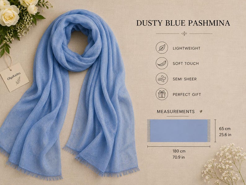 Dusty Blue Pashmina Scarf, Dusty Blue Wedding Guest Wrap, Lightweight Bridal Shawl, Elegant Evening Scarf, Mother of Bride Cover Up imagen 2