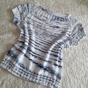 Knitted white blue tshirt, hand knit cotton short sleeve top, knit tee, handknit braided blouse, knitted white cotton top, summer clothing