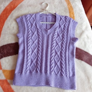 Hand-Knit Purple Cabled Wool Vest, Cozy Handmade Sleeveless Sweater, Winter Fashion Layering Piece, Soft Handcrafted Sleeveless Top clothing
