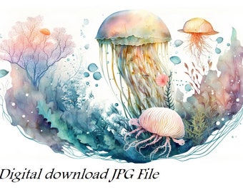 Jellyfish printable, JPGs, Digital Download, Watercolor Clipart, Card Making, Clip Art, Digital Paper Craft
