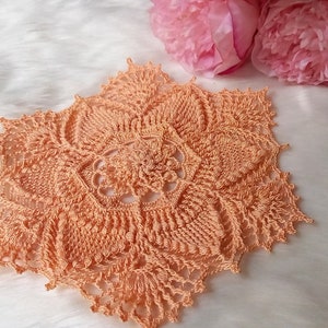 Crochet doily place mat coaster, lace cotton peach decorative centerpiece vintage style flower mandala