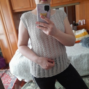 Hand knit beige summer top vest, cotton knitted tank, hand knitted cotton tshirt, Handmade Knitted top, Knitted Tee, lace summer clothing