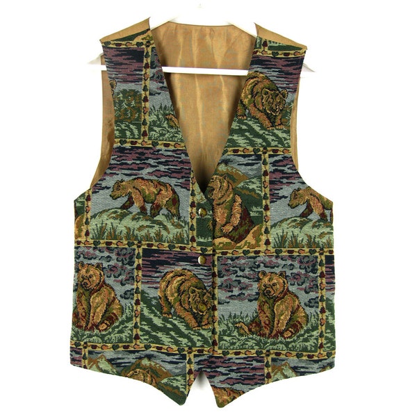 Vintage Men Bear Nature Vest - Green, Brown, Gold -  Novelty Hunting Vest - Outdoors Adventure Fishing Dad Father