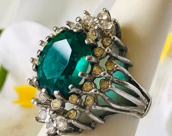 Jewels House Green Dichroic Glass Marquise Gemstone Silver Plated Handmade Green Stone Statement Ring US-9