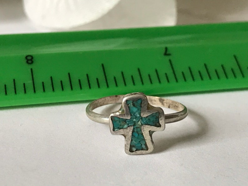 Vintage Inlaid Turqouise Chips Silvertone Cross Ring Vintage Pinky Ring Sizes 4